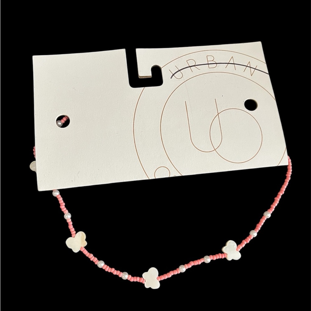 Urban Outfitters Pink and White Beaded Butterfly Bracelet